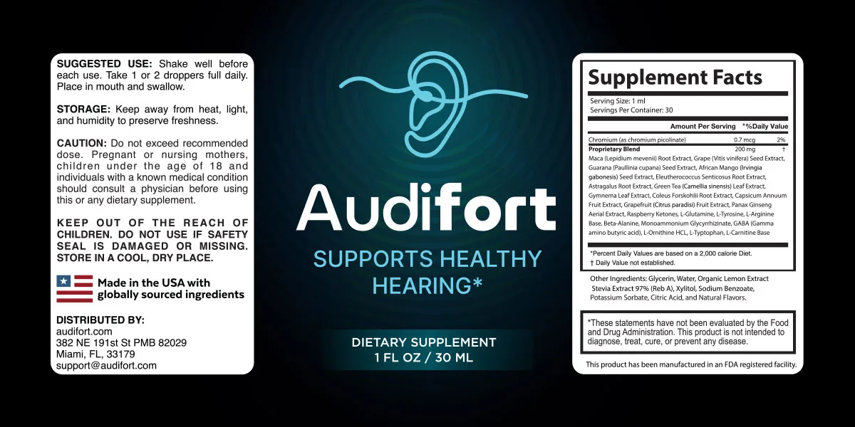 Audifort label artwork with directions, cautions and the Supplement Facts panel