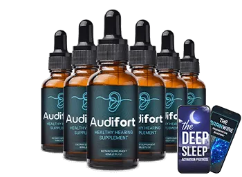 Six Audifort dropper bottles next to two e-book covers